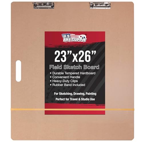 U.S. Art Supply 23" x 26" Artist Sketch Tote Board - Lightweight Hardboard | Drawing Board with Handle, Clip & Rubber Band for Art, Sketching, Travel, Studio - size: 23" x 26"