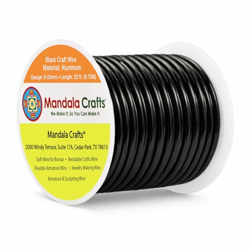 Mandala Crafts 8 Gauge Black Anodized Aluminum Craft Wire, 32 FT | Colored, Flexible, Bendable, for Bonsai, Armature, Sculpting, Wire Wrapping, Jewelry Making, Weather & Tarnish Resistant - color: Black, size: 8 Gauge