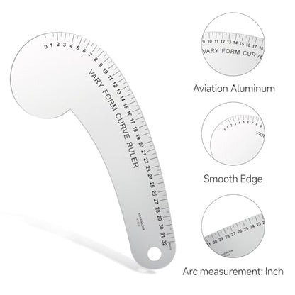 32CM French Curve for Pattern Making, Vary Form Curve Ruler | Aviation Aluminum Dual-sided Scales Hip Curve Ruler for Measuring Sewing, Fashion Design,Quilting - style: 6132A(32CM)