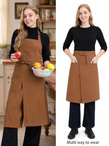 Molaxhome Split Pottery Apron with 3 Pockets Unisex with Adjustable Strap | Cotton Blend,Kitchen Apron,for Ceramics,Gardening,Kitchen Cooking - color: Brown