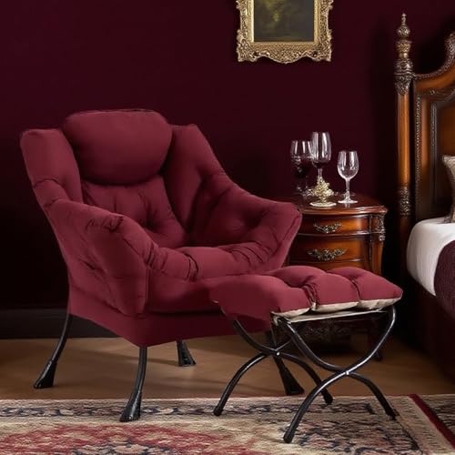 Tiita Lazy Chair with Ottoman, Comfy Reading Accent Chair, Burgundy | Foldable Footrest, Padded Seat and Backrest, Side Pocket for Lounging in Living Rooms, Bedrooms, Dorms and Small Spaces - color: Burgundy