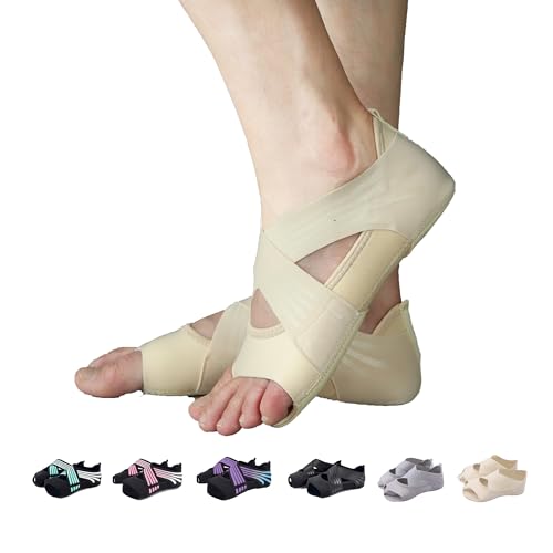 ABIRAM Pilates Grip Socks for Women - Non-Slip Toeless Yoga & Barre Socks - color: Beige, size: Medium
