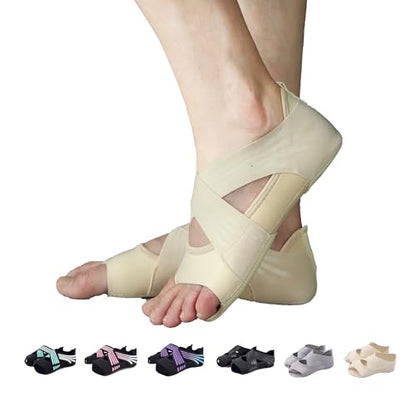 ABIRAM Pilates Grip Socks for Women - Non-Slip Toeless Yoga & Barre Socks - color: Beige, size: Medium