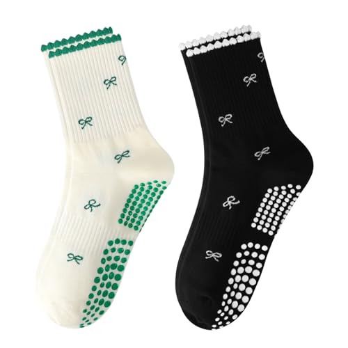 Women's Pilates Grip Socks, Ruffle Non Slip Bow Pattern Yoga Socks | Grippy, Frilly Trim, Embroidery, Crew Length, Soft Cotton, Arch Support, for Barre Ballet Dance Workout Hospital Home Gifts - color: F05-green + Black