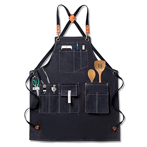Aoomzoon Canvas Aprons for Men Chef Apron, Work Apron with Large Pockets - 16oz Heavy Duty Cross Back, BBQ, Cooking - color: Black