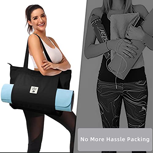 WLLWOO Yoga Mat Carrier Bag for Women Canvas Carryall Tote Gym Pilates | Large Holder Zipper Shoulder for Beach Travel Workout Fitness Office - color: black