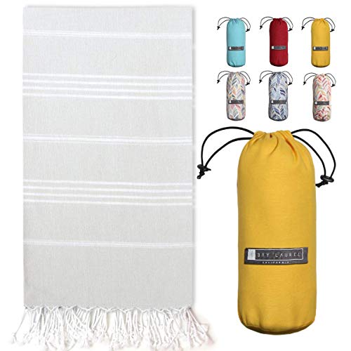 BAY LAUREL Turkish Beach Towel with Travel Bag 39 x 71 Quick Dry Sand Free Lightweight Large Oversized Towels Light - color: Grey With Yellow Bag