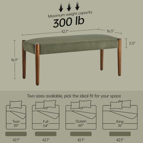 Usaint 42" End of Bed Bench with Wood Legs, Dark Green with Walnut Leg - color: Dark Green With Walnut Leg