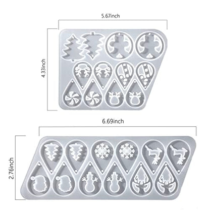 12 Pair Christmas Earring DIY Mold Resin Silicone with Earring Hooks Ring Earring Casting Mold for Christmas Tree Elk Snowflake Resin Earring Keychains Epoxy Craft Xmas Making Kit