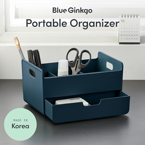 BLUE GINKGO Portable Desk Organizer, Blue, Made in Korea | 3 Compartments. Half Drawer. Everyday Storage. - color: BLUE, size: Portable