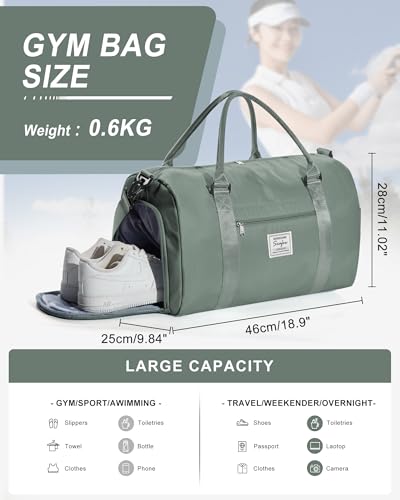Gym Bag Womens Mens with Shoes Compartment and Wet Pocket Travel Duffel Bag for Women for Plane Sport Gym Tote Bags Swimming Yoga Waterproof Weekend Overnight Carry on Bag Hospital Holdalls - color: A21-Dark Green