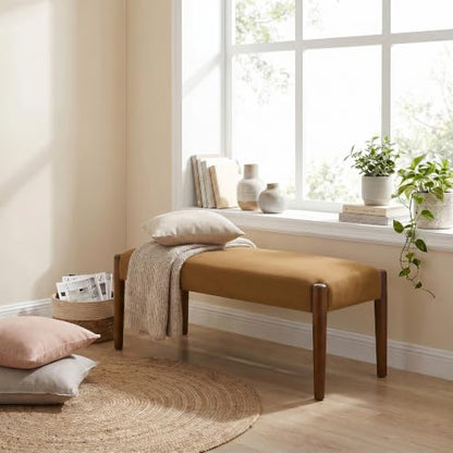 Usaint 42" End of Bed Bench with Wood Legs, Caramel Orange with Walnut Leg - color: Caramel Orange With Walnut Leg