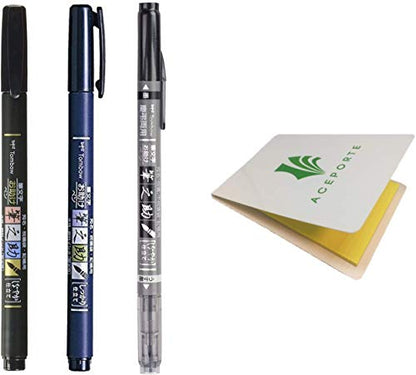 Tombow Fudenosuke Fude Brush Pen 3 Type Set, Hard (GCD-111), Soft (GCD-112), Dual Brush (GCD-121), with Original Sticky Notes