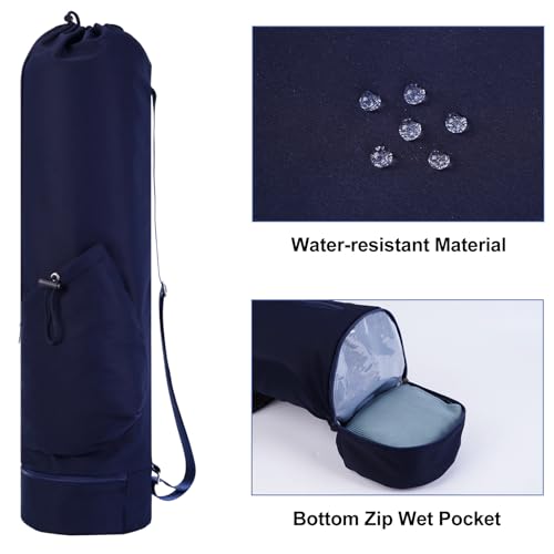 sportsnew Yoga Mat Bag with Water Bottle Pocket & Wet Pocket for Women - color: Navy Blue, size: Medium