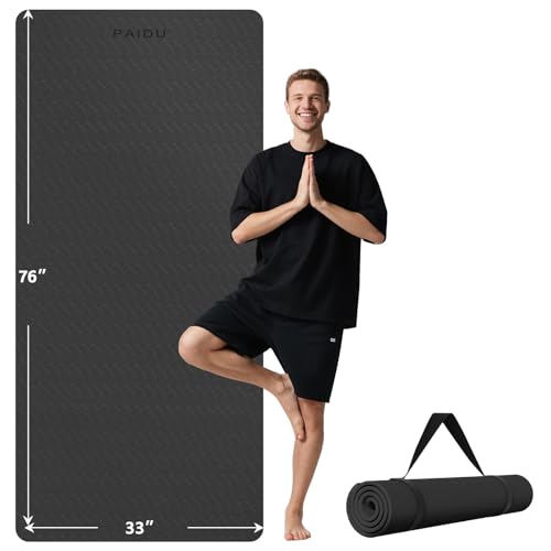 PAIDU Extra Long Wide Yoga Mat, （10mm） Thick Non-Slip Exercise Mat 76"x33" | large mat, ideal for yoga, Pilates & home gym, with non-slip grip & cushioning for all exercises. - color: Black