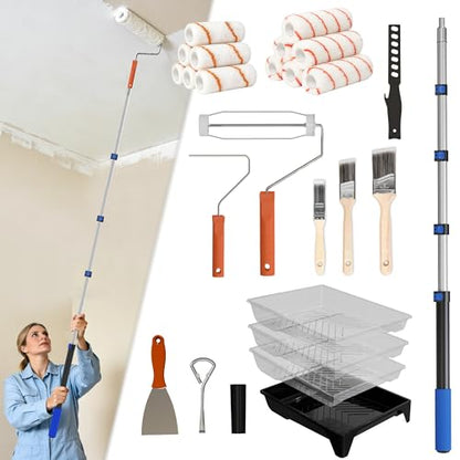 Paint Roller Kit with Extension Pole, 2-4FT Adjustable Pole, Professional 27-Piece Paint Kit, 4"9" Paint Rollers, Paint Brushes for Walls, Works with All Latex, Oil-Based Paints and Wood Finishes - color: Orange