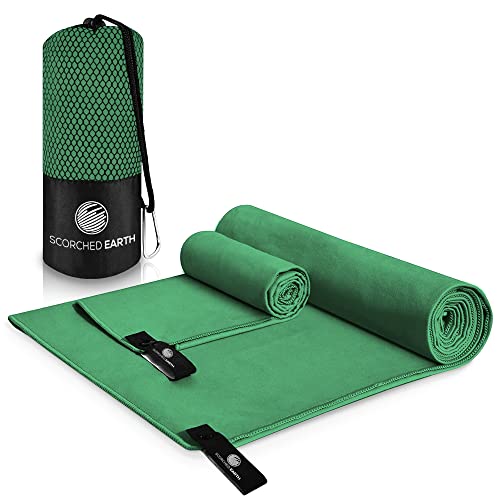 ScorchedEarth Microfiber Travel & Sports Towel Set - Quick Dry, Super Absorbent, Compact, Lightweight - for Camping, Backpacking, Hiking, Beach, Yoga, Swimming - Includes 2 Sizes + Carrying Bag & Clip - color: Evergreen, size: Medium Set (20x40” & 12x24”)
