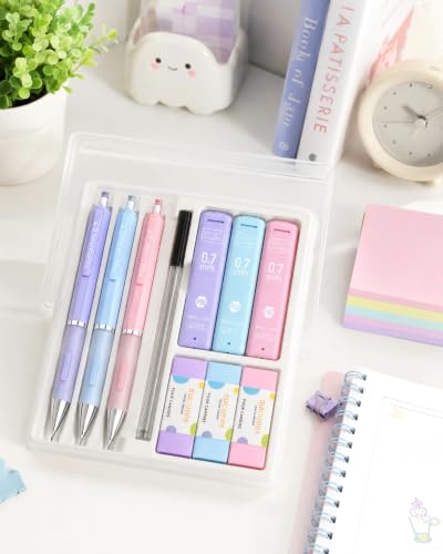 Four Candies 0.7mm Pastel Mechanical Pencil Set with Case, 3-Pack | 360 Leads, 3 Erasers+9 Refills, Cute Pink/Purple/Blue Barrels, Non-Slip Grip, for School Notes & Everyday Writing - style: 0.7mm