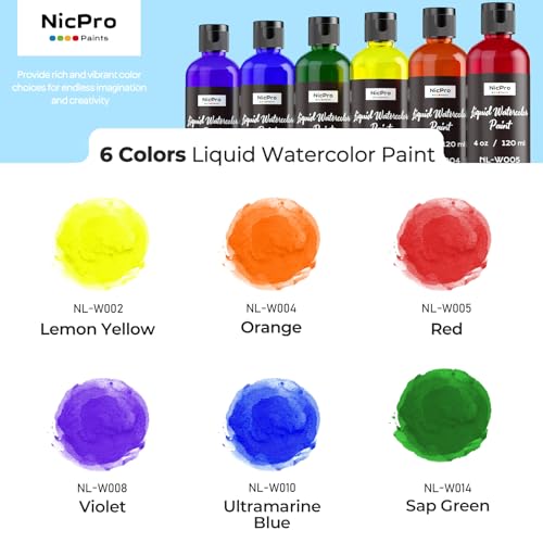 Nicpro 6 Colors Liquid Watercolor Paint Set, 4oz Non-Toxic Water Colors | Vibrant Colors Liquid Watercolor Paint, Painting Supplies for Art Activity, Craft DIY, Poster, School, Home, Classroom, Party - color: 6 Colors, size: 4 Fl Oz (Pack of 6)