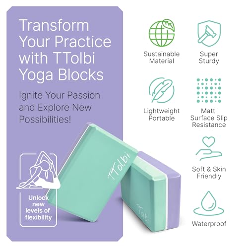 Yoga Blocks 2 Pack with Strap and Guide – Soft Non-Slip EVA Foam Blocks | High-Density Pilates Blocks for Home Workouts, Dance, Ballet, Gymnastics & Stretching Exercise, Dance Accessories and Gifts - color: Mint/Purple & Stretch Band Mint
