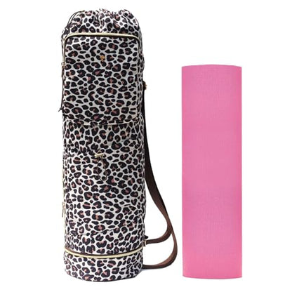 ESVAN Yoga Mat Bag with Multi Pockets Drawstring Yoga Mat Carrier Pilates Exercise Multi-Functional Storage Bag - color: Canvas Leopard Print