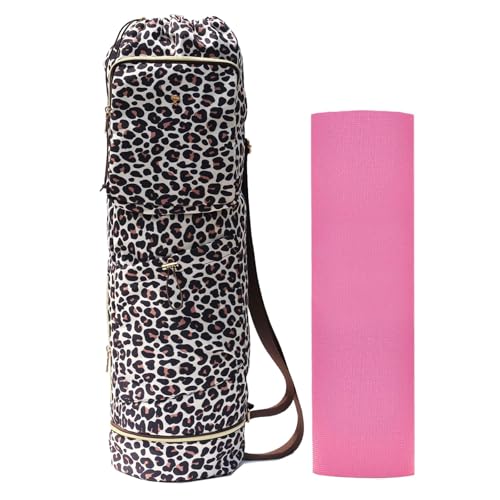 ESVAN Yoga Mat Bag with Multi Pockets Drawstring Yoga Mat Carrier Pilates Exercise Multi-Functional Storage Bag - color: Canvas Leopard Print