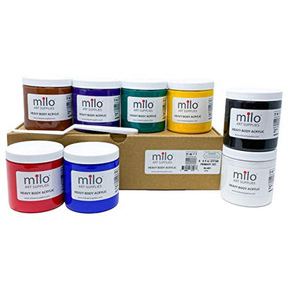 milo Heavy Body Acrylic Paint Set, 8 Primary Colors, 8 oz Jars, Semi-Gloss | Safe, Non-Toxic, Made in the USA, Arts & Crafts Paints for Artists, Student & Hobby Painters, Paint Pack, Classroom, Bulk - style: Heavy Body Set 8 x 8 oz