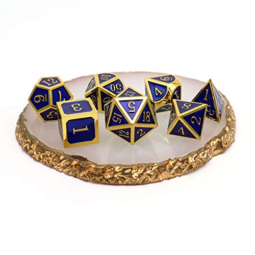 Haxtec Metal DND Dice Set, 7 Pcs Royal Blue Polyhedral Dice for RPG | Gold Number D&D with Leather Bag, Compatible with Dungeons and Dragons, Enamel Heavy Metallic, D&D Gifts for Table Games - color: Gold Navy Blue