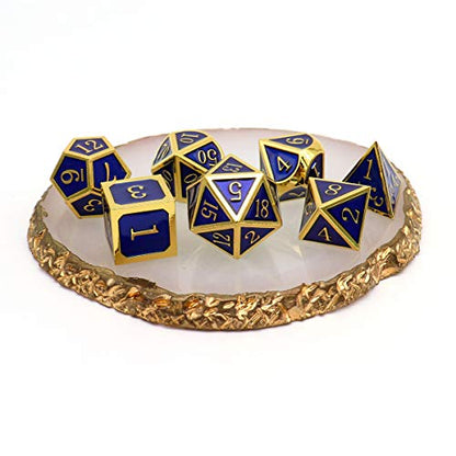 Haxtec Metal DND Dice Set, 7 Pcs Royal Blue Polyhedral Dice for RPG | Gold Number D&D with Leather Bag, Compatible with Dungeons and Dragons, Enamel Heavy Metallic, D&D Gifts for Table Games - color: Gold Navy Blue