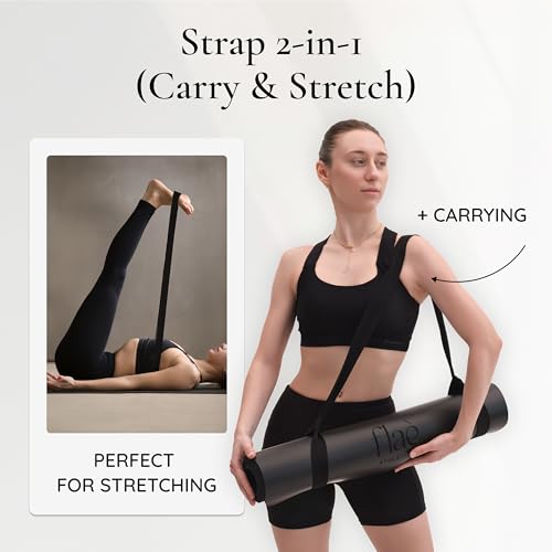 Premium PU Yoga Mat | Sweat-Activated Non-Slip Grip | Natural Rubber Base | Arch-Shaped Design with Carry & Stretch Strap | For Yoga, Pilates & Stretching & Workouts - color: charcoal black