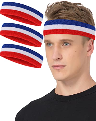 Tanluhu Sweatbands Sport Headbands for Working Out, Exercise, Tennis, Basketball, Running - Terry Cloth Athletic Sweat Cotton Headband Outdoor for Men & Women - color: Red/White/Blue