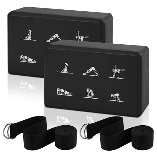 2 Yoga Block and 2 Yoga Strap Set,Non-slip EVA Foam Blocks, High Density Yoga Bricks with 6ft Strap, Supportive Latex-Free Yoga Block Accessories for Pilates - color: Black