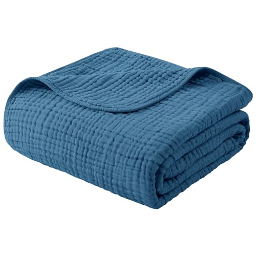 Yoofoss Muslin Blanket 100% Organic Cotton Large Twin Size 60" x 80" for Bed Couch Summer Gauze Blanket for Adults Lightweight and Breathable Dark Blue - color: Dark Blue, size: 60" x 80"