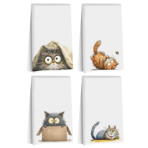 4 Pcs Funny Cat Kitchen Towels, Cute Cats Gifts Reusable Hand Towels-09 - color: Multi 1626