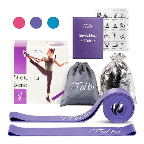 2-Pack Ballet Stretch Bands with Foot Mini Loop, Natural Rubber Dance Bands | Splits and flexibility training for kids, teens and adult dancers, gymnasts and cheerleaders, beginner guide and travel bag - color: Purple Regular