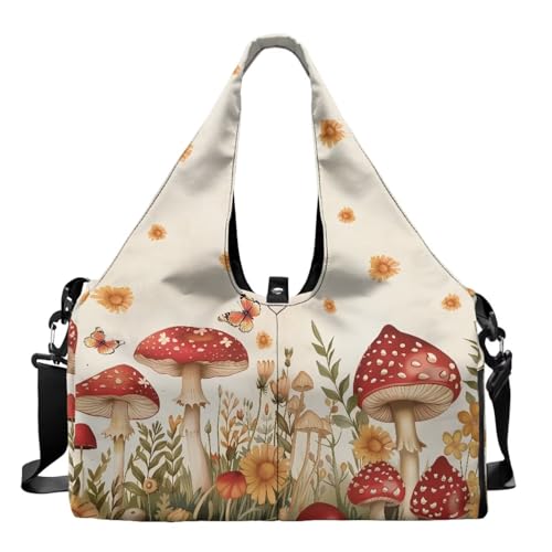 Gym Bag with Yoga Mat Holder Large Tote Bag With Multi Pockets for Women Men Dry Wet Separated Pocket Carryall Yoga Tote Bag for Pilates Travel Workout Office - color: Mushroom