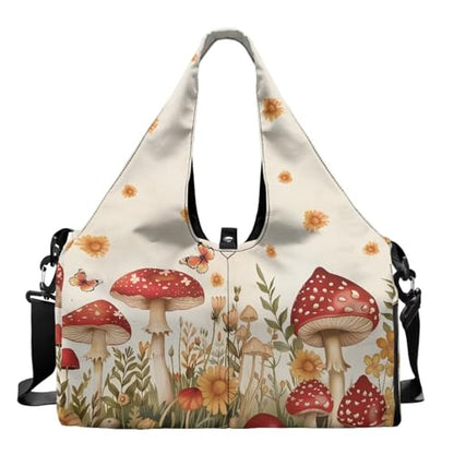 Gym Bag with Yoga Mat Holder Large Tote Bag With Multi Pockets for Women Men Dry Wet Separated Pocket Carryall Yoga Tote Bag for Pilates Travel Workout Office - color: Mushroom