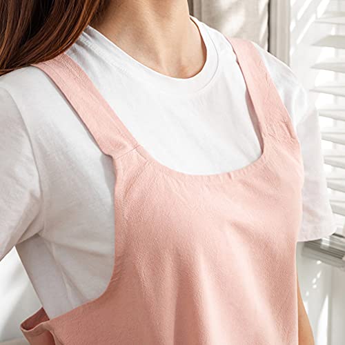 Cotton Cross Back Aprons Solid Color Cooking Kitchen Garden Smock for Women Girls with Pockets - color: Pink