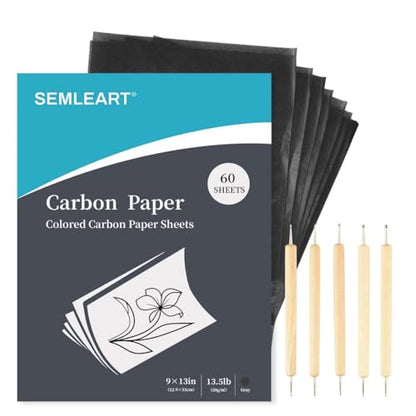 SEMLEART Carbon Paper for tracing|Graphite Transfer Paper|9x13"-60Sheets | 13.5lb/20gsm Graphite Transfer Paper & 5 Stylus Kit, Reusable Carbon Paper for Wood Burning, Canvas,Fabric & DIY Art Projects - color: 9×13in-Gray