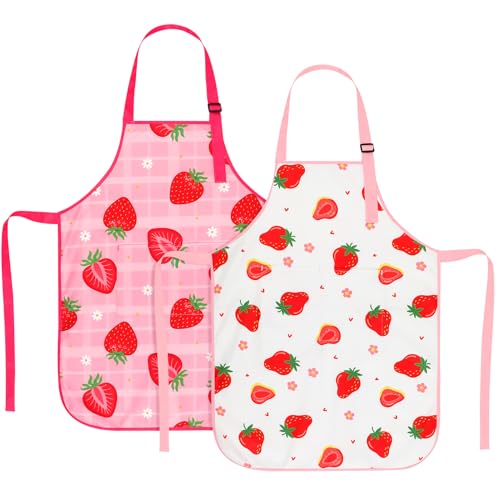 2 Pack Kids Apron, Cute Cooking Aprons, Waterproof Art Apron with Pockets, Toddler Painting Artist Apron Adjustable - color: Cute Strawberry, size: 45*62cm