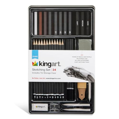 KINGART® Studio Sketching Set, 34 Piece Sketching Tools and Detailing Accessories, Art Supplies for Professional, Student, and Hobbyist Drawing
