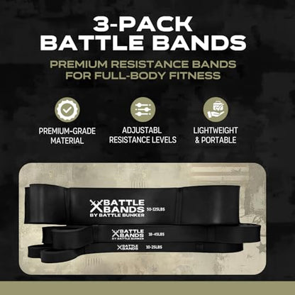 Battle Bunker Resistance Bands for Working Out - Heavy Duty Pull-Up Assist | Stretch Bands for Exercise and for Pull-Up Assistance, Strength Training and Powerlifting. Multi-layer Natural Latex, 3 Pack