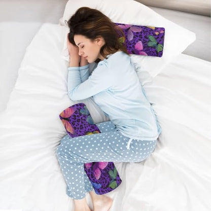 Bolster Pillow Neck Pillow Round Soft Health Memory Foam Pillows Long Cylindrical Body Pillow with Removable Cover Cute Back Yoga Colorful Butterflies and Purple Leopard Print 17" x 5.5" - color: Colorful Butterflies and Purple Leopard Print