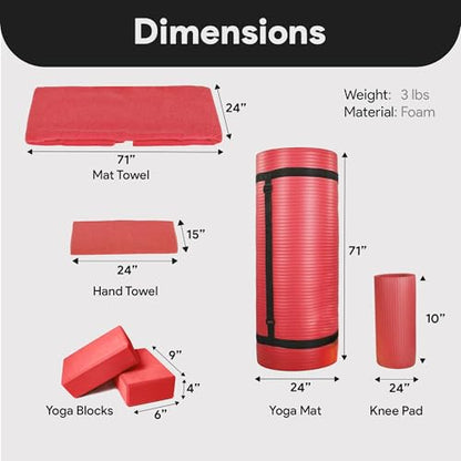 BalanceFrom 7-Piece Yoga Set with 71x24x0.5 Inches Extra Thick Mat and Carrying Sling – Includes 2 Blocks, Stretch Strap, 2 Towels, and Knee Pad for Home, Studio, and Gym Workouts - color: Red
