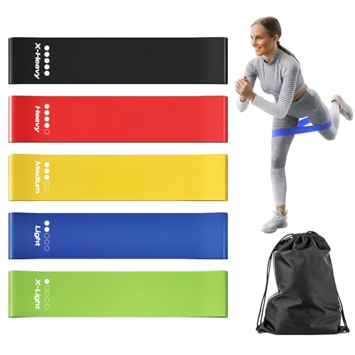 Resistance Bands Set of 5, 100% Natural Latex Skin-Friendly Exercise Loop Bands with 5 Resistance Levels for Legs, Glutes, Arms, Back - Includes Carry Bag for Home, Gym, Yoga, Pilates, Training