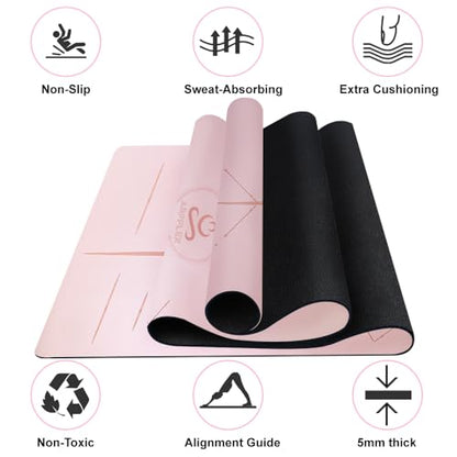 Natural Rubber Yoga Mat - Non Slip Non Toxic - 5mm Thick Yoga Mat for Hot Yoga/Pilates - Extra Large 26.8’’ with Alignment Guide - Sweat Proof - with Carrying Bag - color: Soft Rose