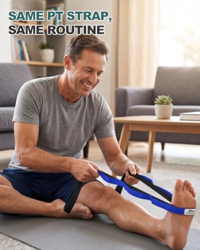 Trideer Stretching Strap with Loops & Leg Lifter, Non-Elastic PT Strap | Leg Lifter Mobility Aid, Non-Elastic PT Stretching Strap, Multi-Loop Grip Control, Home Recovery Support - color: Black & Blue