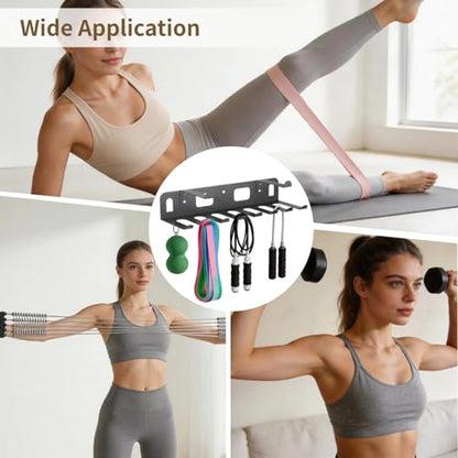 Wall Mounted Gym Storage Rack with 8 Hooks, Metal Resistance Band Holder with Top Shelf for Yoga Mat, Workout Equipment Organizer for Jump Ropes Weight Belts Straps Home Gym Accessories