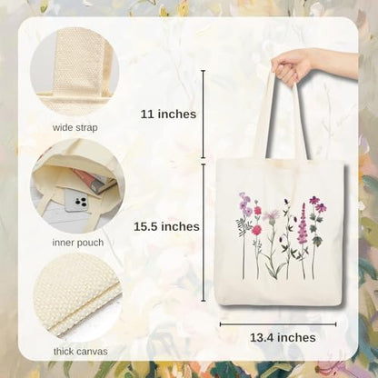 Aesthetic Canvas Tote Bag for Women with Inner Pocket - color: Flower-pink