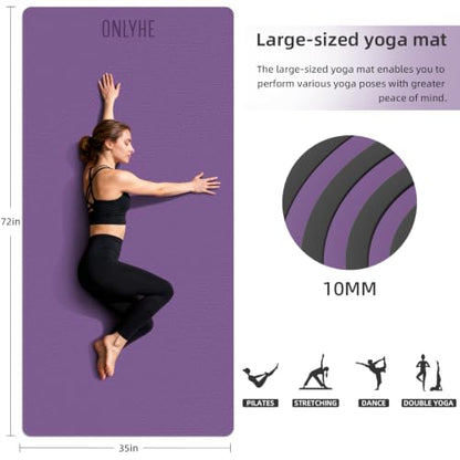 Wide Yoga Mat Thick(10mm) Exercise Mat Non Slip Anti-tear,72"x35" Extra Large Pilates Mats for Home Workouts, Gym & Floor Stretching with Carrier Strap - color: Deep purple + Black